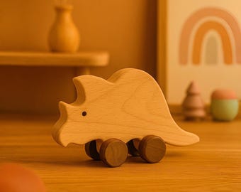 Handmade Wooden Triceratops Push Toy: Montessori Dino Gift