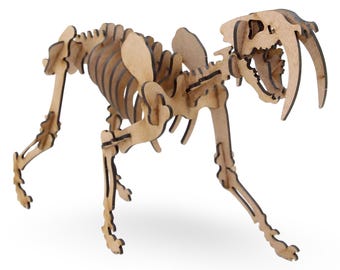 Saber-Toothed Tiger Skeleton Model - 30 Pcs Wooden Puzzle Kit - DIY Smilodon Craft for Kids, Paleontology & Science Fans