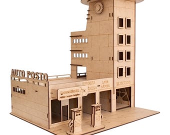 Wooden Gas Station & Parking Garage Model Kit – 67 PCS Laser Cut DIY Building Set – MDF Architecture Craft for Kids - Adults