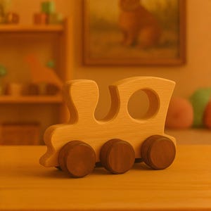 May include: A wooden toy train with four wheels and a brown finish. The train is made of natural wood and has a simple design.