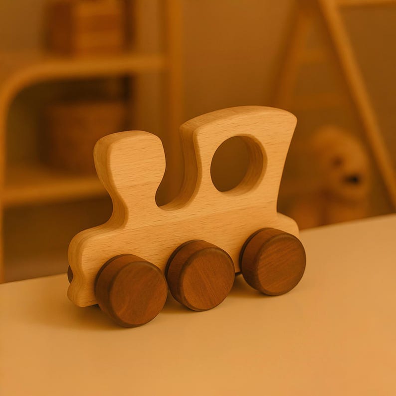 May include: A wooden toy train with four wheels. The train is made of light brown wood and has a dark brown wood trim. The train is a simple design with a rounded body and a small chimney.