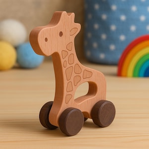 Handmade Wooden Giraffe Push Toy | Montessori Baby Toy | Natural Toddler Toy with Wheels | Eco-Friendly Gift Idea