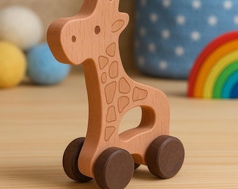 Giocattolo a spinta in legno fatto a mano a forma di giraffa: giocattolo per bambini piccoli Montessori