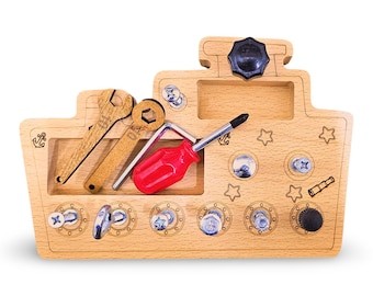 Montessori Wooden Screw Board Ship – Fine Motor Skills Toy for Toddlers | Busy Board with Tools and Screws | Educational Wooden Toy