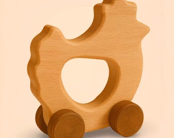 Wooden Chicken Toy on Wheels: Montessori Beech Wood Push Toy