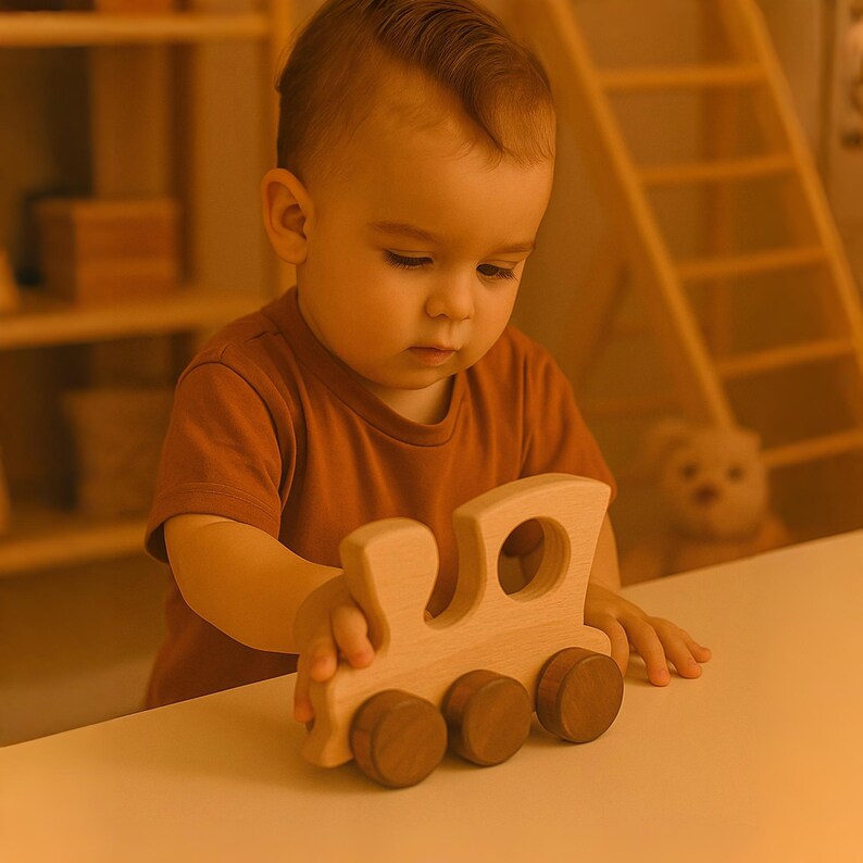 May include: A young child plays with a wooden toy train. The train is made of natural wood and has four wheels. The child is wearing a brown shirt and is sitting at a table.