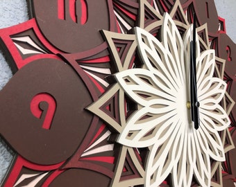 Klocka i trämandala väggdekor, väggklocka mandala, modern väggklocka, väggklocka i trä, stor träklocka mandala