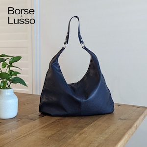 Leather Shoulder Bag, Brown Hobo Bag, Everyday Leather Purse, Tote Bag for Women, Black Burgundy Green Grey Navy Bag, Soft Leather Tote Niebieski