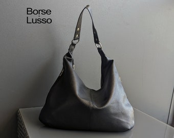 Grand sac hobo en cuir noir, fourre-tout en cuir souple, sac à main en cuir, sac à main en cuir de tous les jours, sac hobo, sac à main pour femme, sac à bandoulière en cuir