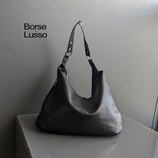 Grand sac hobo en cuir noir, fourre-tout en cuir souple, sac à main en cuir, sac à main en cuir de tous les jours, sac hobo, sac à main pour femme, sac à bandoulière en cuir