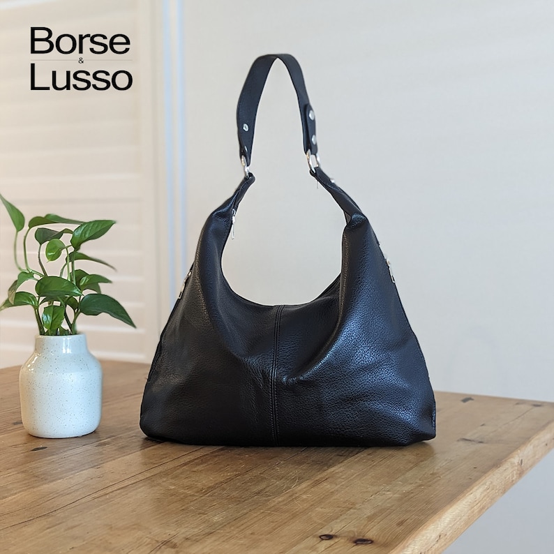 Sac à bandoulière en cuir, sac hobo marron, sac à main en cuir de tous les jours, sac fourre-tout pour femme, sac noir bordeaux vert gris bleu marine, fourre-tout en cuir souple Noir