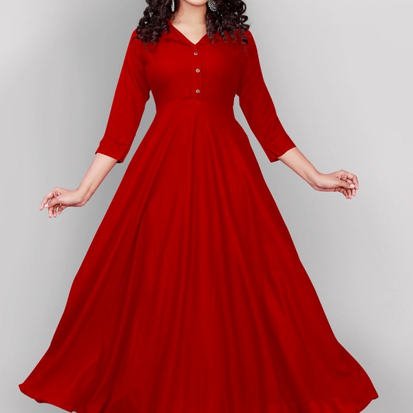 Indian Designer Red Solid Rayon Maxi Dress Anarkali Shape Ankle Length Gown Summer Casual Boho Maxi Dress for Women