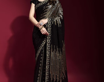 Bollywood Style Ethnic Designer Georgette Beautiful Sequence Embroidery Work With lace border Saree For Women Coacktail Party Saree
