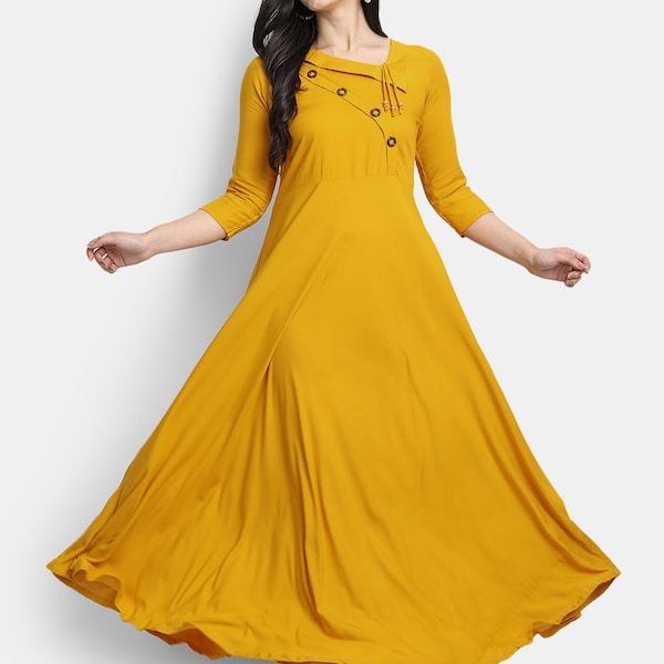 Indian Designer Mustard Yellow Solid Rayon Maxi Dress Anarkali Shape Ankle Length Gown Summer Casual Boho Maxi Dress for Women