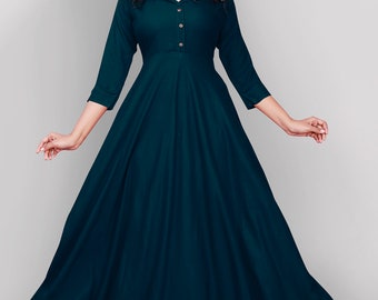 Indian Designer Teal Blue Solid Rayon Maxi Dress Anarkali Shape Ankle Length Gown Summer Casual Boho Maxi Dress for Women