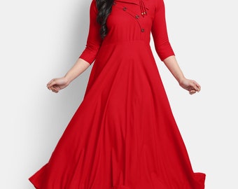 Indian Designer Red Solid Rayon Maxi Dress Anarkali Shape Ankle Length Gown Summer Casual Boho Maxi Dress for Women