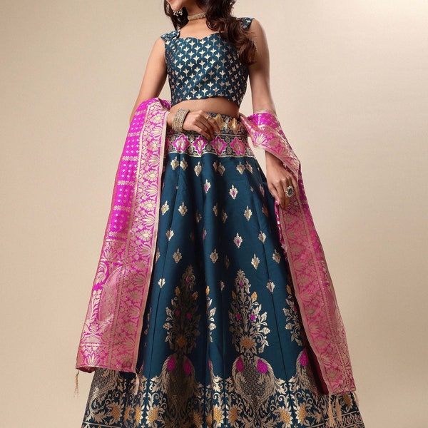 Indian Wedding Style Banarasi silk sangeet wear woven design Lehenga Choli for Women, Ready to wear lehenga choli Navratri Special Dress