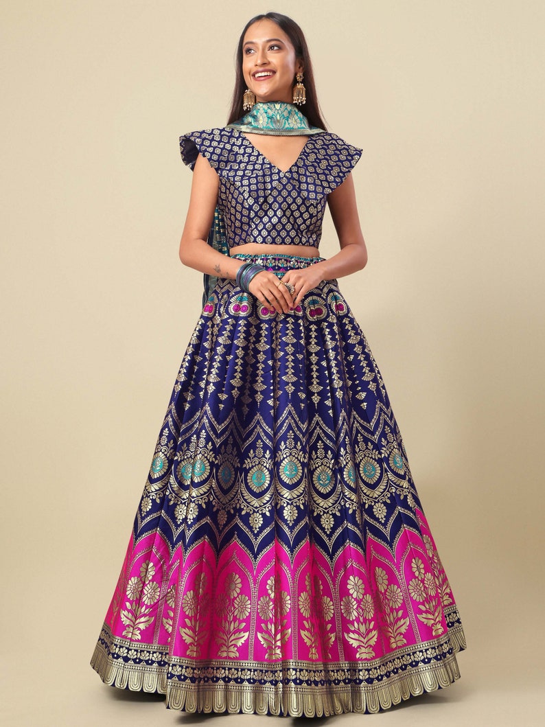 Indian Wedding Banarasi silk woven design Lehenga Choli for Women, Ready to wear lehenga choli Navratri Special Dress Navy Blue