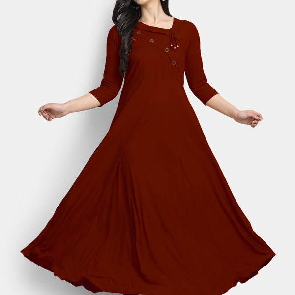 Indian Designer Maroon Solid Rayon Maxi Dress Anarkali Shape Ankle Length Gown Summer Casual Boho Maxi Dress for Women