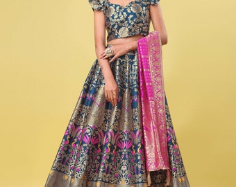 Indian Wedding Style Banarasi silk sangeet wear woven design Lehenga Choli for Women, Ready to wear lehenga choli Navratri Special Dress