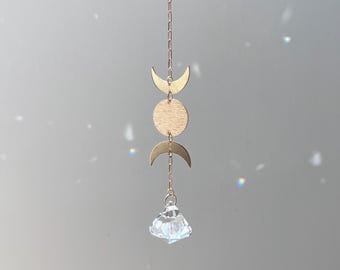 Car Suncatcher Crystal, Gold Moon Phase Rearview Mirror Charm, Mini Suncatcher Gift for Her