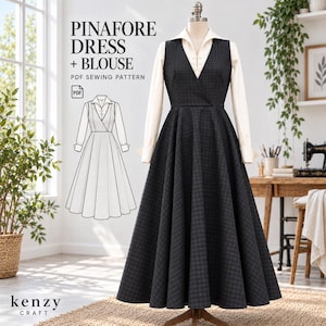 Op de afbeelding: Een donkergrijze geruite overgooierjurk gedragen over een crèmekleurige blouse met lange mouwen, kraag en knopen. De afbeelding bevat een zwart-witte lijntekening van het kledingstuk en de tekst PINAFORE DRESS + BLOUSE PDF SEWING PATTERN.
