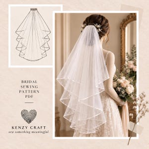 Puede incluir: Un velo de novia blanco de varios niveles con borde de cinta, sujeto a una peineta. La imagen incluye un dibujo técnico del velo, el texto "BRIDAL SEWING PATTERN PDF" y "KENZY CRAFT sew something meaningful" con un icono de corazón.