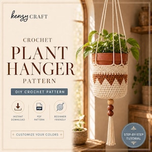 Op de afbeelding: Een haakpatroon voor een plantenhanger van Kenzy Craft met een crème en bruin zigzagpatroon, opgehangen aan koorden met houten kralen en een kwastje. De tekst luidt Crochet Plant Hanger Pattern, DIY Crochet Pattern, Instant Download, PDF Pattern, Beginner Friendly, Customize Your Colors en Step-by-Step Tutorial.