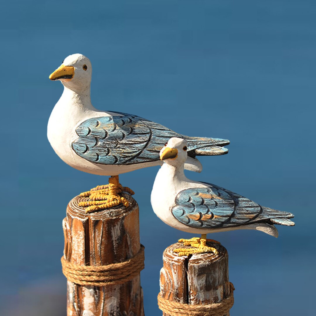 2pcs Vintage Nautical Seagull Figurine, Seagull Art,handcarved Wood