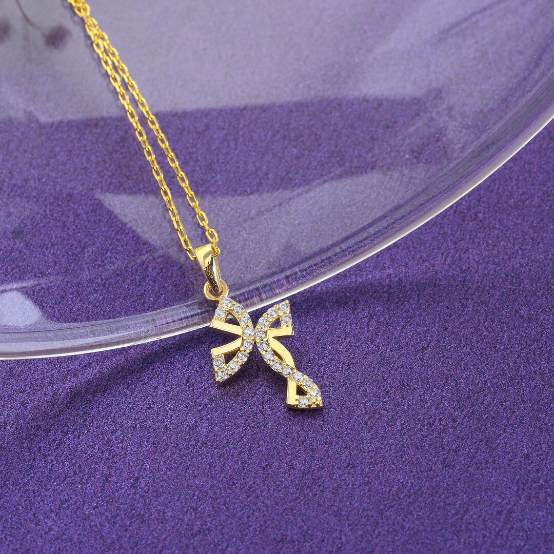 14K Gold Ribbon Necklace Tie Micro Pave Diamond Cross Etsy
