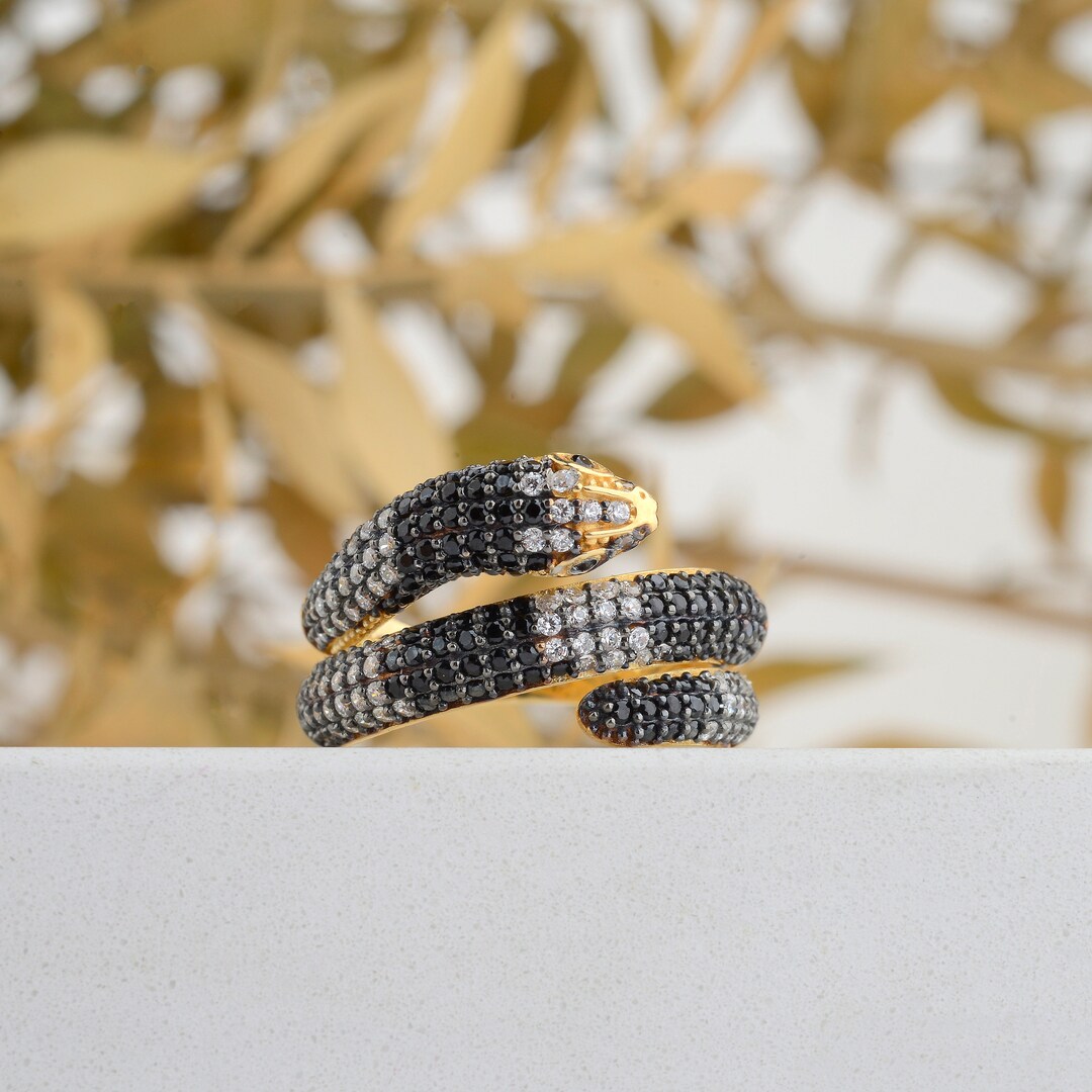 14K Gold Black Snake Ring Black Diamond Snake Ring for Women Etsy