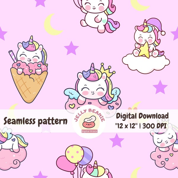 Purple Unicorn Seamless Digital File, Unicorn Pattern, fabric print, Kawaii Unicorn download, digital background, commercial use