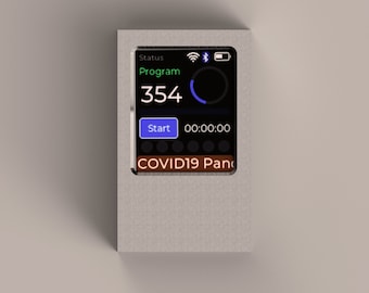 May include: A silver device with a black screen displaying "Status", "Program 354", a progress bar, "Start", "00:00:00", and "COVID19 Panel".