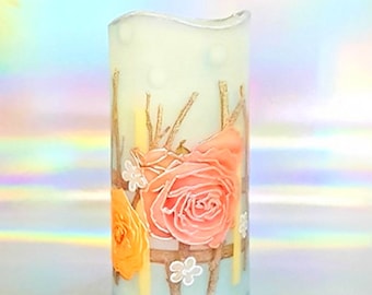 LED wax candle, Flameless floral pillar candle, Rose candle, Anniversary, Birthday gift