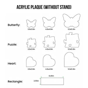 K&ouml;nnte beinhalten: Ein Satz Acrylplatten in verschiedenen Formen, darunter Schmetterling, Puzzle, Herz und Rechteck. Die Platten sind in drei Gr&ouml;&szlig;en erh&auml;ltlich: 3,9 Zoll x 3,9 Zoll, 4,9 Zoll x 4,9 Zoll und 5,9 Zoll x 5,9 Zoll. Die rechteckige Platte ist 8,46 Zoll x 2,55 Zoll gro&szlig;.