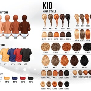 K&ouml;nnte beinhalten: Eine Tabelle mit verschiedenen Optionen zur Anpassung eines Kinderavatars. Die Tabelle enth&auml;lt Hautt&ouml;ne, T-Shirt-Farben, Hosen und Frisuren.