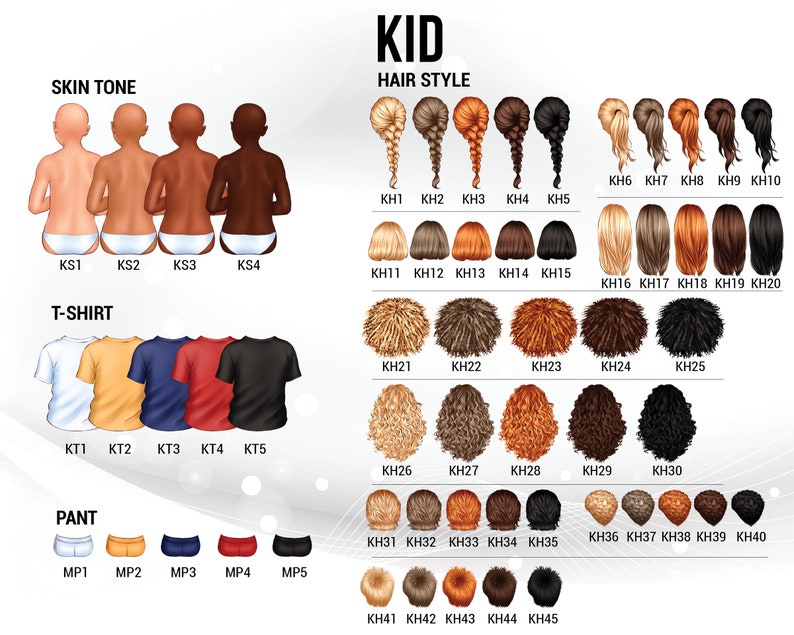 K&ouml;nnte beinhalten: Eine Tabelle mit verschiedenen Optionen zur Anpassung eines Kinderavatars. Die Tabelle enth&auml;lt Hautt&ouml;ne, T-Shirt-Farben, Hosen und Frisuren.