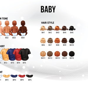 K&ouml;nnte beinhalten: Eine Tabelle mit verschiedenen Hautt&ouml;nen, Frisuren, T-Shirt-Farben und Hosen f&uuml;r ein Baby. Die Tabelle ist mit "Baby" beschriftet und enth&auml;lt die folgenden Kategorien: Hautton, Frisur, T-Shirt und Hose.