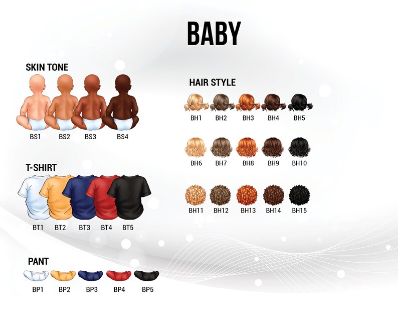 K&ouml;nnte beinhalten: Eine Tabelle mit verschiedenen Hautt&ouml;nen, Frisuren, T-Shirt-Farben und Hosen f&uuml;r ein Baby. Die Tabelle ist mit "Baby" beschriftet und enth&auml;lt die folgenden Kategorien: Hautton, Frisur, T-Shirt und Hose.