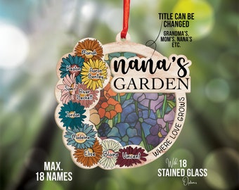 Nanas Garten Suncatcher Geschenk, personalisiertes Geschenk für Mama, Nana, Oma, Mimi, Benutzerdefinierte Glasmalerei & Holz Suncatcher, Muttertagsgeschenk