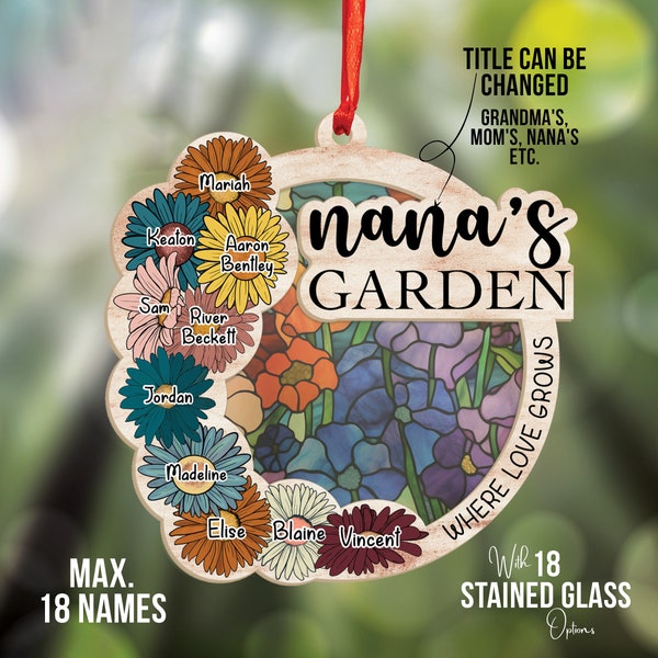 Nana's Garden Suncatchers Gift, Personalized Mama, Nana, Grandma, Mimi Gift, Custom Stained Glass Art & Wood Suncatchers, Mothers Day Gift