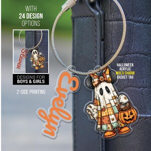 May include: A Halloween acrylic multi charm basket tag featuring a ghost character holding a jack-o'-lantern. The tag has the name "Evelyn" in orange script and includes the text "Designs for Boys & Girls" and "2-Side Printing".