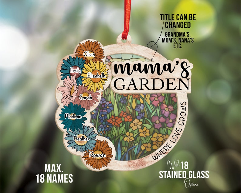 Mama's Garden Suncatchers Gift, Personalized Mama, Nana, Grandma, Mimi Gift, Custom Stained Glass Art & Wood Suncatchers, Mothers Day Gift image 1