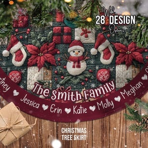 May include: A Christmas tree skirt with a festive design. The skirt features a snowman, poinsettias, and gift boxes. The text "The Smith Family" is displayed, along with names and hearts. The words "Christmas Tree Skirt" are also visible.