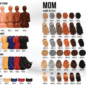 K&ouml;nnte beinhalten: Eine Tabelle mit verschiedenen Hautt&ouml;nen, T-Shirts, Umh&auml;ngen, Hosen und Frisuren zur Anpassung eines Mama-Avatars. Die Tabelle enth&auml;lt den Text "SKIN TONE", "T-SHIRT", "CLOAK", "PANT", "MOM" und "HAIR STYLE".