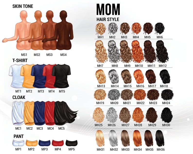 K&ouml;nnte beinhalten: Eine Tabelle mit verschiedenen Hautt&ouml;nen, T-Shirts, Umh&auml;ngen, Hosen und Frisuren zur Anpassung eines Mama-Avatars. Die Tabelle enth&auml;lt den Text "SKIN TONE", "T-SHIRT", "CLOAK", "PANT", "MOM" und "HAIR STYLE".