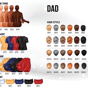 K&ouml;nnte beinhalten: Ein Diagramm mit verschiedenen Hautt&ouml;nen, T-Shirts, Umh&auml;ngen und Hosen f&uuml;r einen Vater-Avatar. Das Diagramm enth&auml;lt auch eine Auswahl an Frisuren f&uuml;r den Avatar.