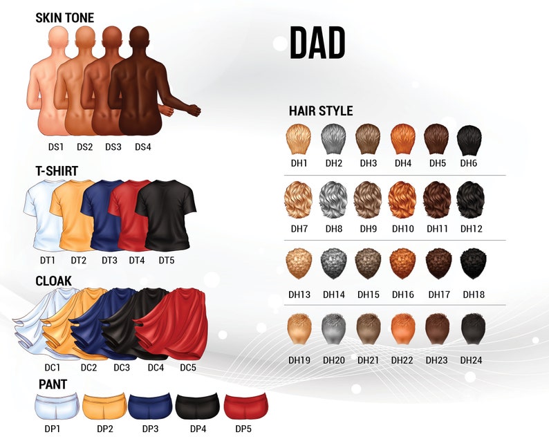 K&ouml;nnte beinhalten: Ein Diagramm mit verschiedenen Hautt&ouml;nen, T-Shirts, Umh&auml;ngen und Hosen f&uuml;r einen Vater-Avatar. Das Diagramm enth&auml;lt auch eine Auswahl an Frisuren f&uuml;r den Avatar.