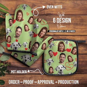 May include: A set of two green oven mitts and a green pot holder with a pattern of hearts, dogs, and faces. The text "Love" appears on the pot holder. The text "Oven Mitts with 6 Design Options Personalize with 1, 2, or 3 Faces!" appears above the mitts.