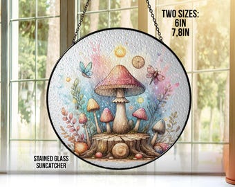 Paddenstoel glas-in-lood suncatcher: Cottagecore raamdecoratie